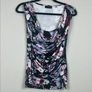 Tahari Multicolor Floral Drape Cowl Ruching Tank Top Shirt Blouse Size Small